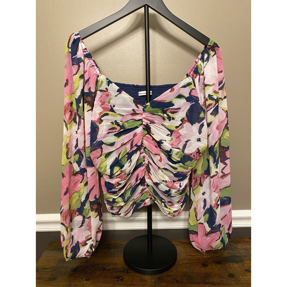 Abercrombie & Fitch Top XL Pink Floral Rouched Sweetheart Neckline Boho Babydoll